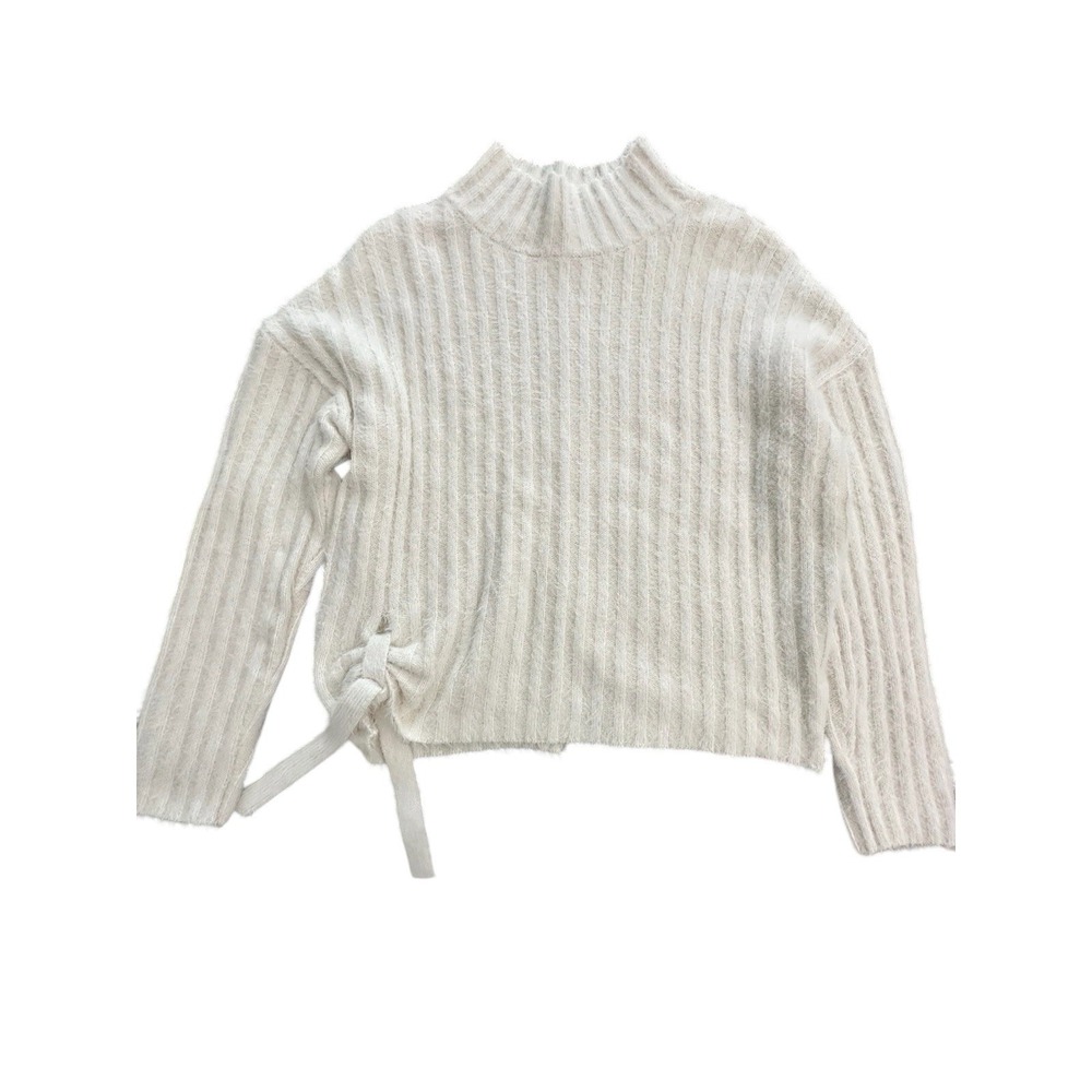 Mer Sea Sweater Women's S/M Pullover Soft Fuzzy Cozy White Tie Mock Neck #CD3-4
